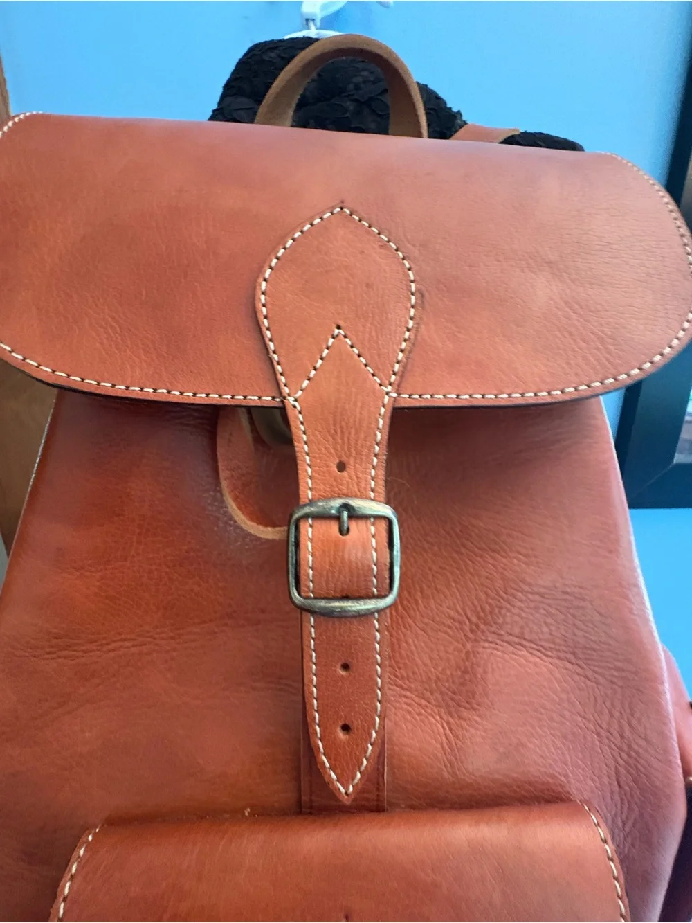 Classic Light Brown Leather Backpack with Front Flap and Buckles 15” x 12”